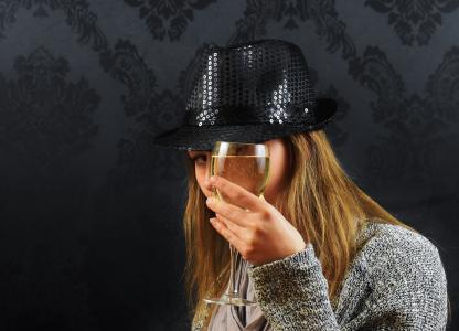 女人, 帽子, 香槟, 葡萄酒, 饮料, 神秘, 时尚