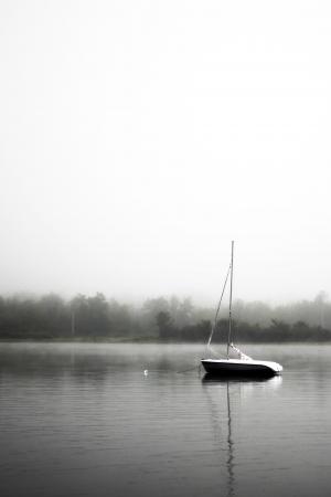 湖, 水, 小船, 帆船, 雾, 黑色和白色, 树木