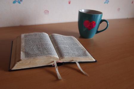 信心, 圣经 》, 杯, 咖啡, 打开, 阅读, 读取功能区