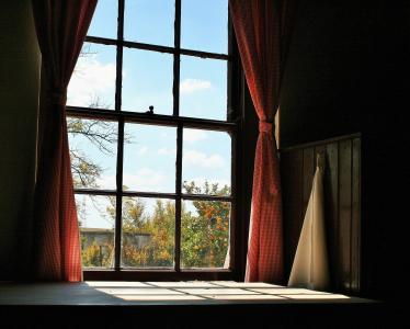 农家窗, 窗口, 框架, 窗帘, 方格布式, 红色, 白色