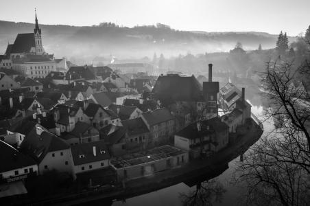 捷克共和国, 克鲁姆洛夫克鲁姆洛夫, 早上, 城市, 雾, 黑色和白色, 看看