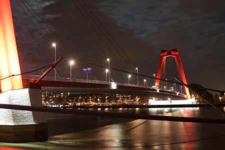 鹿特丹, 桥梁, 水, 建筑, 荷兰, 晚上, 灯