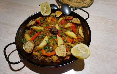 纯素海鲜饭, 西班牙, verduras 海鲜饭, 蔬菜, 大米, 茄子, 马铃薯