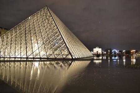 巴黎, 晚上, 罗浮宫, 金字塔, 玻璃, 反思, 水