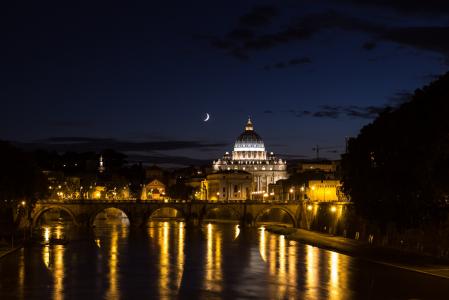 罗马, 提伯河西圣则济利亚堂, 桥梁, 晚上, 夜晚的天空, 河, 教会