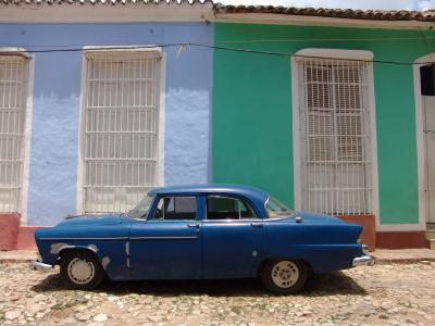 汽车, 古巴, 蓝色, 经典的汽车, 老房子, 老, 老式