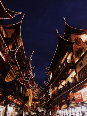 中国, 上海, 查找, 城市上帝寺庙, 晚上, 光, 老建筑