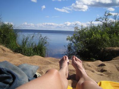 芬兰语, 男子, 暑假, 风景图片, 在奥鲁湖, 海滩, 水