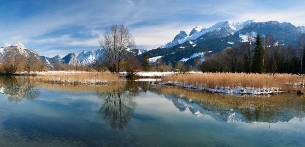 高山, 奥地利, 山脉, bergsee, 施蒂利亚州, 镜像, 自然
