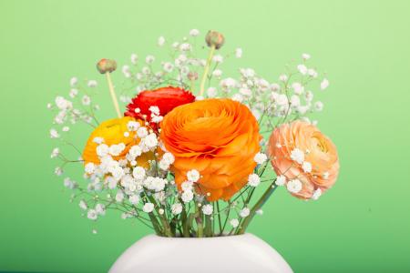 花, 毛茛, 花束, 花瓶, 橙色, 春天, 复活节