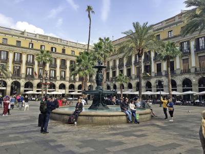 巴塞罗那, 加泰, 春天, 喷泉, 老城广场, 建筑, 人