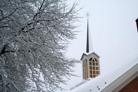 公园景观门诺派教堂, 门诺, 教会, 尖塔, 冬天, 雪, 宗教