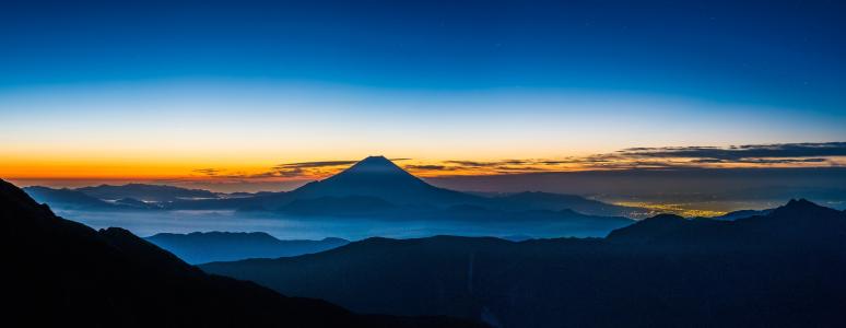 全景景观, 富士山, 黎明前, 沉默, 在镇脚下的灯, 富士宫, 日本