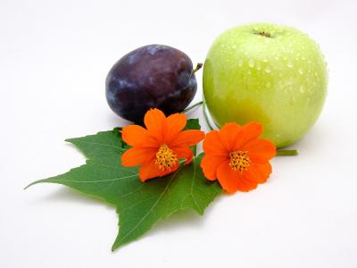 水果, 花, 梅花, 苹果, 绿色, 橙色, 白色