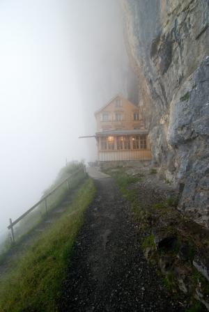 雾, 小屋, 房子, 岩石, 山, 自然, 薄雾