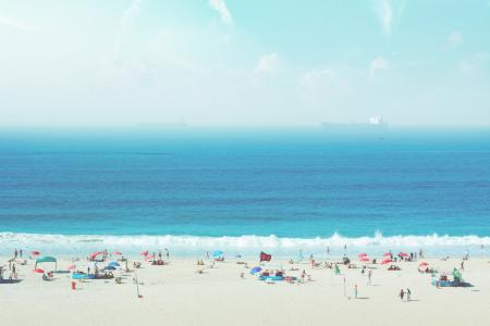 人, 白色, 沙子, 海滩, 蓝色, 水域, 遮阳伞