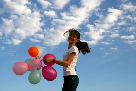 女孩, 气球, 反弹, 天空, 云计算