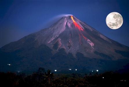 火山, 喷发, 满月, 山, 默拉皮火山, 印度尼西亚, 火山喷发