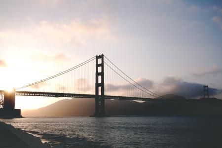 桥梁, 金门大桥, 海洋, 旧金山湾, 日落, 悬索桥, 水