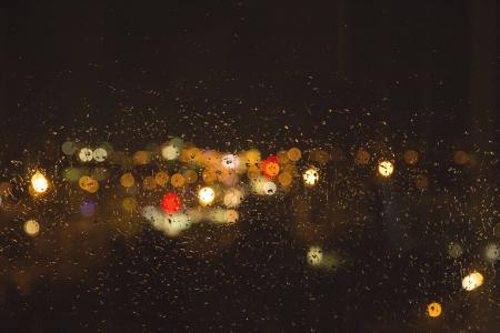 雨, 窗口, 模糊, 晚上, 灯, 湿法, 玻璃