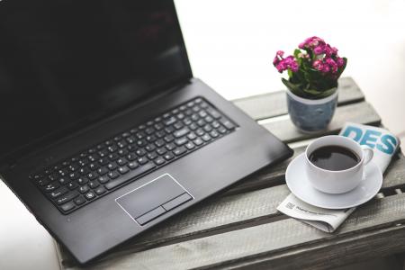 黑色, 笔记本电脑, 计算机, 旁边, 白色, 陶瓷, 茶杯