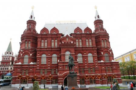 国家历史博物馆, 红砖, windows, 银色屋顶, 雕像, 马歇尔朱可夫, 莫斯科