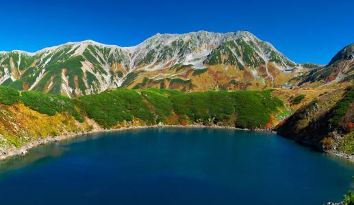 火山的湖, 山地景观, 秋天, 立山, 北部的阿尔卑斯山, 日本, 山