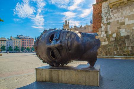 克拉科夫, 波兰, 欧洲, 雕塑, 头, 青铜器, 旅游