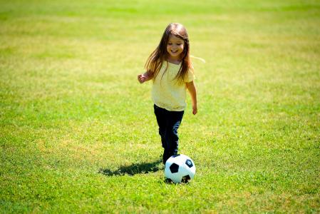 女孩, 玩, 足球, 球, 快乐, 乐趣, 儿童