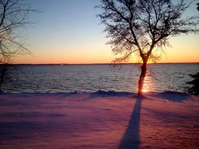 日落, 湖, 冬天