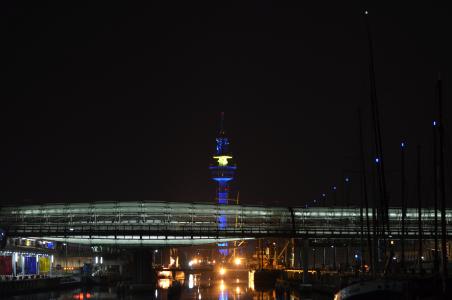 晚上张照片, 雷达塔, 玻璃桥, 议员, 不莱梅港, 晚上, 建筑