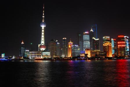 上海地平线, 城市景观, 晚上, 水, 建筑, 城市, 中国
