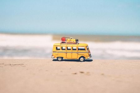 公共汽车, 车辆, 玩具, 旅行, 反思, 海滩, 地平线
