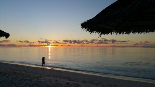 海滩, 马尔代夫, 海, 日落, 剪影, 女人