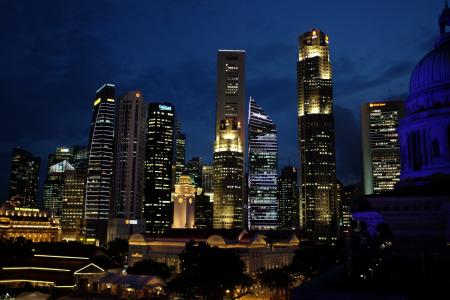 新加坡, 晚上, 市中心, 建筑, 城市, 天际线, 业务