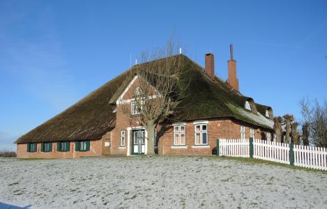 haubarg, 冬天, 茅草的屋顶, eiderstedt