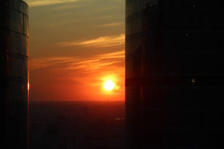 日落, 莫斯科, 新城市, 摩天大楼, 天际线, 玻璃幕墙, 网格