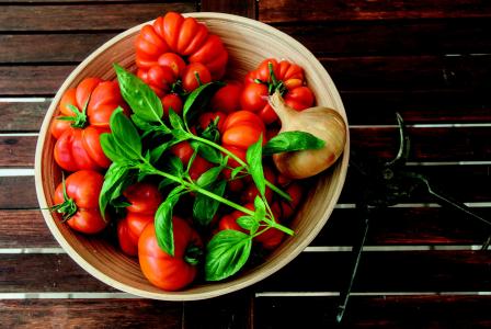 西红柿, 罗勒, 剪刀, 碗里, 红色, 绿色, 收获