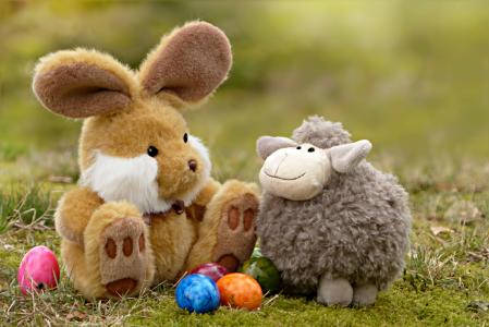 复活节, 复活节兔子, 复活节彩蛋, 羔羊, 静物, 草, 玩具熊