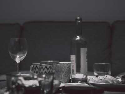 表, 一方, 菜肴, 瓶, 玻璃, 葡萄酒, 食品