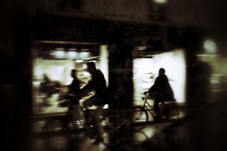 城市, 晚上, 剪影, 自行车, 运动, 晚上, 灯