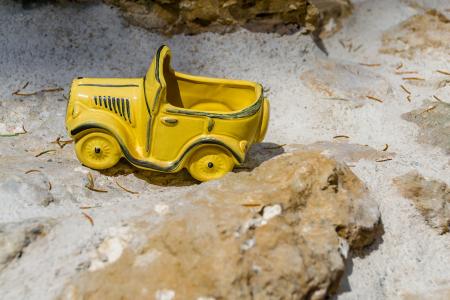 自动, 黄色, 陶瓷, 玩具车, 石头, 岩石, 背景