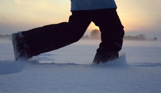 行走, 雪, 双脚, 运行, 冬天, 日落, 户外