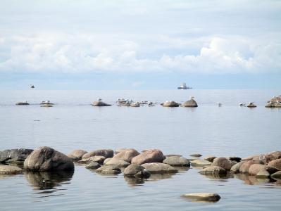 芬兰湾, 海, 石头, 地平线, 地平线上的一艘船, 浪漫, 波罗地海