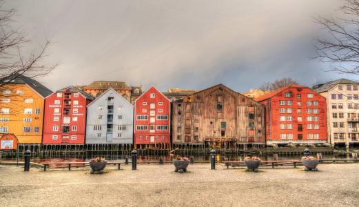 挪威, 特隆赫姆, 旧城, 日出, 水, 斯堪的那维亚, 建筑