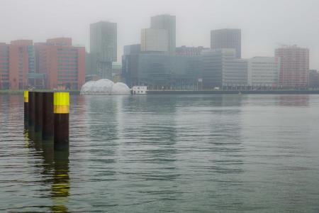 鹿特丹, rijnhaven, 水, 系泊设备, 建筑, 视图, 有雾
