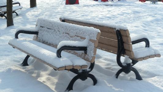 公园, 长椅, 雪覆盖, 外面, 冬天, 空