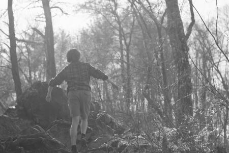 男孩, 失去了, 森林, 黑色和白色, 树木, 山, 徒步旅行