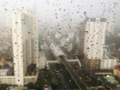 城市, 水珠, 玻璃, 雨, 雨滴, 下雨天, 摩天大楼