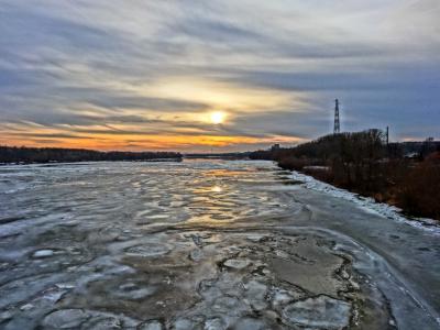 维斯瓦河, 比得哥什, 日落, 河, 冬天, 冰, 冻结